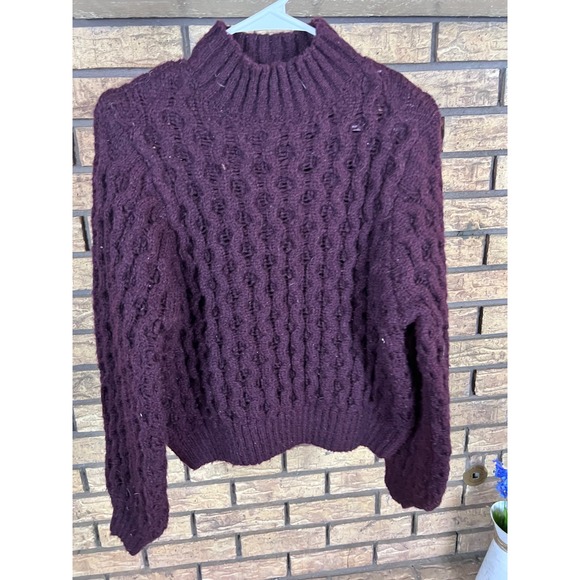 Cozy Knit Sweater Mock Neck‎ Textured Pullover Plum Purple Boxy Fit - Picture 1 of 10
